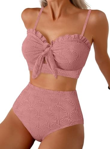 Herseas Women's High Waisted Bikini Sets Seashell Textured Knotted Front Two Piece Sweetheart Neck Swim Suits 2026 Summer Ruffle Trim Bathing Suits Casual Vacation Outfits XX-Large Nude Pink - Image 1