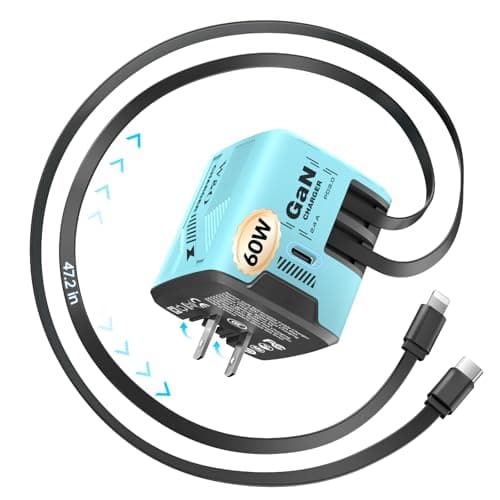 W & O 60W gan Fast Charger for iPhone, Retractable Phone Charger Wall Plug with Type‑C & Compatible Lightning Cables,for iPhone 17/16/15, Galaxy S25/24,Android Devices(Blue) - Image 1