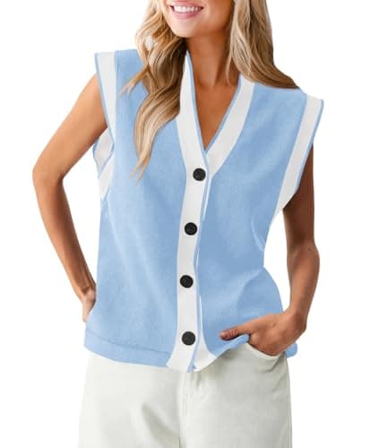 Saodimallsu Womens V Neck Sweater Vest Button Down Cap Sleeve Summer Trendy Color Block Loose Knit Tank Tops Light Blue - Image 1