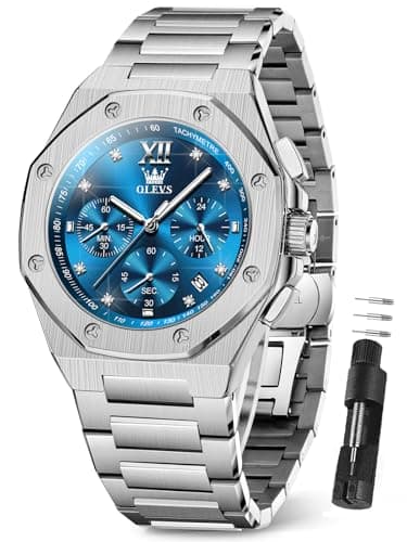 OLEVS Mens Silver Watch Blue Face Mens Dress Watches Stainless Steel Luxury Waterproof Diamond Blue and Silver Watches for Men Chronograph Large Face Cheap Men's Wrist Watch Day Relojes para Hombres - Image 1