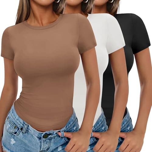 Ekouaer Women Short Sleeve Tops Trendy Summer Shirts Casual Basic Tees Black/White/Light Brown XXL - Image 1
