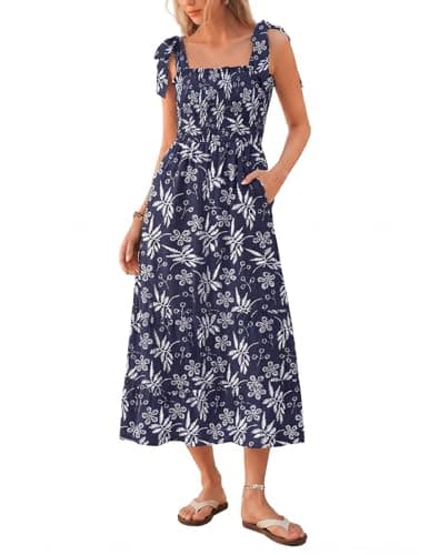 Kate Kasin Summer Womens Floral Boho Maxi Dress, Spaghetti Tie Strap Long Sun Dresses, 2026 Vacation Beach Smocked Sundresses Navy - Image 1