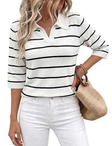 Rapbin Womens V-Neck Sweaters 3/4 Length Sleeve Lightweight Knit Spring Tops - Image 1