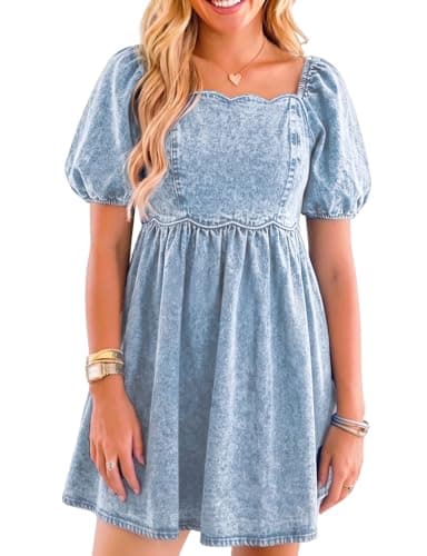 POLIRO Denim Dress Babydoll Jean Square Neck Puff Sleeve Casual Country Concert Dresses with Pockets for Women 2026 Western Y2K Sweetheart Neckline Blue Size Medium Size 8 10 - Image 1