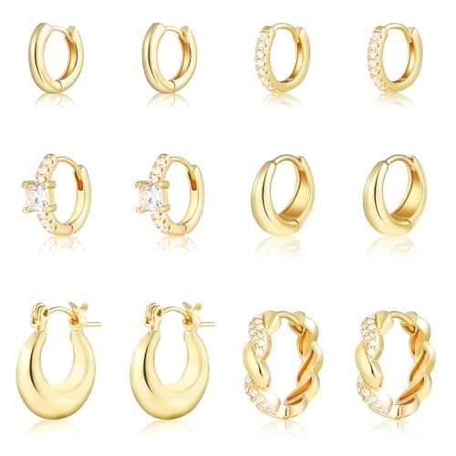 Wgoud Gold Hoop Earrings Set for Women, 6 Pairs 14K Gold Plated Hypoallergenic Lightweight Huggie Hoops Earrings, Small Cartilage Cubic Zirconia Earrings for Women Gifts. (G-Golden hoops) - Image 1