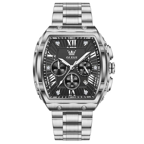 OLEVS Mens Dress Watches Blcak and Silver Big Square Face Luxury Classic Men Wrist Watches Casual Original Waterproof Stainless Chronograph Watches for Men Elegant Business Fashion Quartz Men Watch - Image 1
