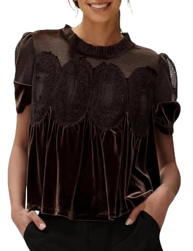 hathne Velvet Lace Blouse for Women Elegant Casual Crew Neck Short Sleeve Top Loose Fit Flared Swing Shirt(Coffee,XL) - Image 1