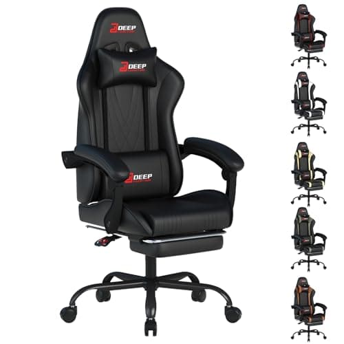 DEEPfurniture Gaming Chair with Footrest, Ergonomic Game Chair with Lumbar Support and Linkage Armrest, Reclining Computer Chair Height Adjustable for Home Office Father's Day(1001-Black) - Image 1