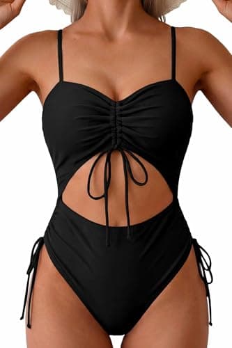 Viottiset Women's Cut Out Drawstring One Piece Swimsuit Plus Size Cheeky High Cut Bathing Suit Black XX-Large - Image 1