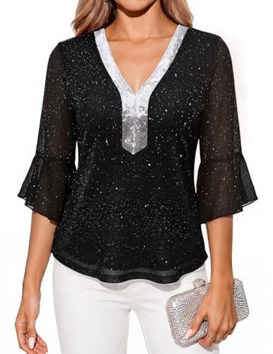 DRESSTELLS Women's Sequin Sparkly Top Ladies V Neck Formal Blouses Black L - Image 1