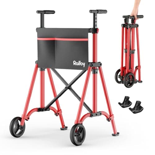 Rolloy Folding Walkers for Seniors, Lightweight Narrow Travel Walker, Fully Assembled Standard Walker with 2 Wheels, Adjustable Height for Tall, Aluminum Frame Supports 400 lbs