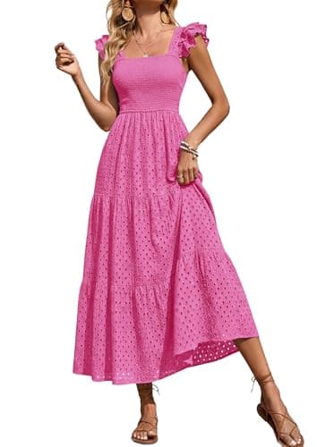PRETTYGARDEN Womens Summer Square Neck Maxi Dresses Cap Sleeve Eyelet Smocked Tiered A Line Flowy Long Dress with Pockets (Hot Pink,XX-Large) - Image 1
