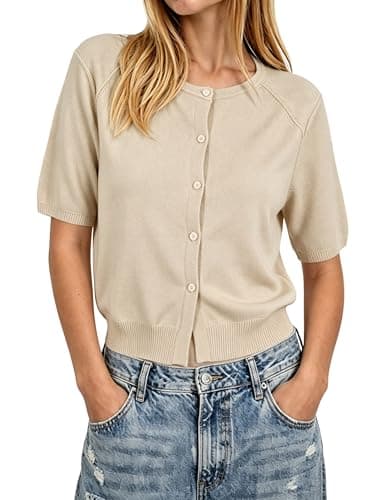 AMEBELLE Cropped Cardigan for Women Short Sleeve Ribbed Knit Button Up Shirt Lightweight Crewneck Casual Sweaters Tops Khaki XL