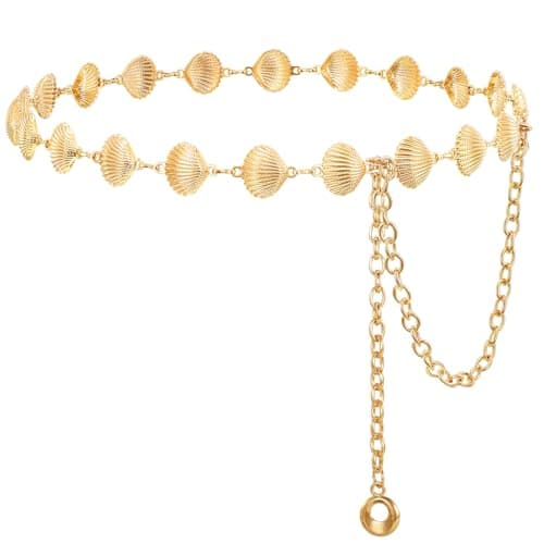 WHIPPY O-Ring Metal Waist Chain Belt Women Fashion Adjustable Body Link Belts for Jeans Dresses, Gold Conch S - Image 1