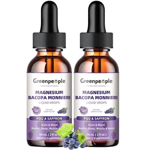 GREENPEOPLE (2 Pack) Magnesium Glycinate Liquid Drops - 4-in-1 High Absorption Liquid Magnesium for Sleep W/Saffron, GABA& Bacopa | Fast-Acting, Bone, Muscle & Sleep | Sugar-Free Grape Flavor, 2fl Oz