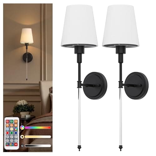 DORESshop Battery Operated Wall Sconce Set of 2, Wall Light Wireless Easy to Install, Dimmable and Adjustable Sconce Wall Decor, Rechargeable Wall Lamp for Bedroom, Living Room, Black and Glass 24.6in - Image 1