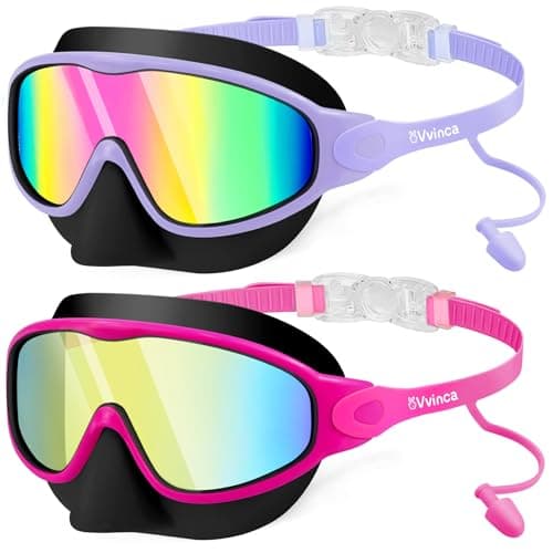 Vvinca Kids Swim Goggles 2 Pack with Nose Cover and Attached Earplugs, Wide View Anti-Fog/UV Swimming Goggles for Age 3-12 Boys Girls, No Leak Pool Water Clear Swimming Goggle for Youth Toddler - Image 1