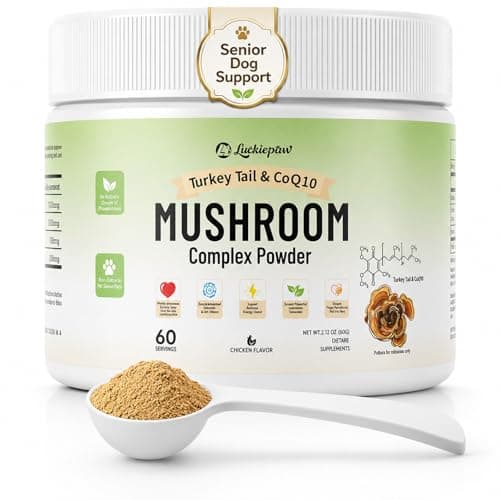 Luckiepaw Organic Turkey Tail Mushroom Supplement for Senior Dogs & Cats – 10-in-1 Functional Mushroom Powder with CoQ10 for Immune Support, Digestive Health – Chicken Flavor, Scoop Included - Image 1