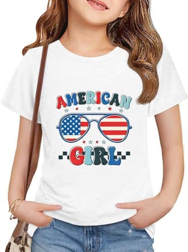 ZDC Girls 4th of July Short Sleeve Shirts Kids Crewneck Soft T-Shirts Summer Tees 5-14 Years - Image 1