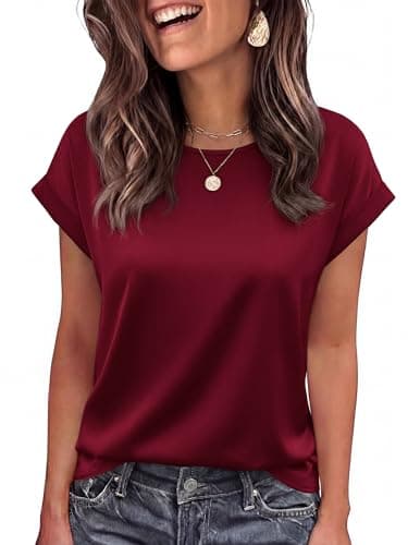 BTFBM Summer Tops for Women 2026 Dressy Satin Blouses Loose Crew Neck Short Sleeve Shirts Work Business Casual Outfits(Burgundy, Large) - Image 1