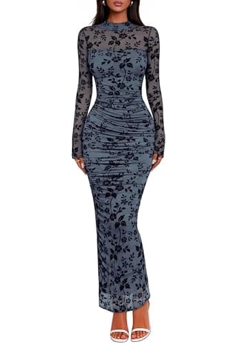Lazysmile Women's Long Sleeve Floral Bodycon Maxi Dress 2026 Elegant Ruched Mesh Formal Cocktail Party Wedding Guest Dresses Grey Blue - Image 1