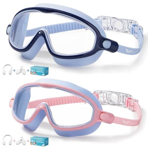AzureWings 2 Pack Swim Goggles for Kids, No Leak Anti-Fog Anti-UV Swimming Goggles for Boys Girls Children 4-14 (Dark Blue & Pink Blue) - Image 1