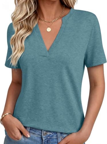 NORACORA Women's V Neck Short Sleeve T Shirt Summer Casual Tops Loose Fit Basic Blouses Trendy Fashion for Work Daily Wear Cyan M - Image 1
