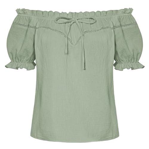 Peasant Blouse for Women Off Shoulder Puff Sleeve Cotton Loose Summer Tops Light Green M - Image 1