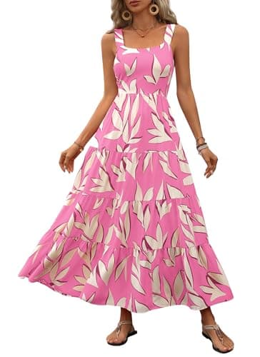PRETTYGARDEN Women's Summer Floral Maxi Dress Sleeveless Smocked Ruffle Long Flowy Beach Vacation Boho Sundresses (Floral Pink Beige,Large) - Image 1