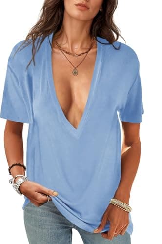 UNCLECAT Womens Deep V-Neck T Shirts Sexy Short Sleeve Tops Summer Oversized Tee - Image 1