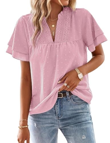 Aprolive Women Dressy V Neck Blouses Butterfly Ruffle Short Sleeve Shirts Cute Dressy Swiss Dot Trendy Tunic Top (Pink, S)
