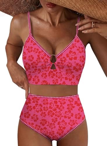 Herseas Women's High Rise Bikini Sets 2026 Summer Cutout Push Up Top Swimsuits 2 Piece V Neck Red Checkered Binding Bathing Suits Casual Resort Swimwear Rose Red Hibiscus Print Medium - Image 1