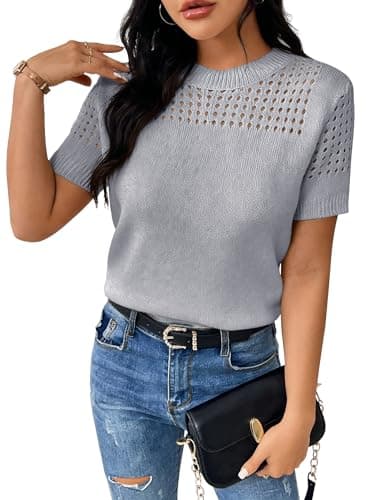 RICHSTORY Womens Short Sleeve Sweaters Casual Spring Fashion Tops 2026 Lightweight Hollow Out Knit Sweater Shirts Tunic Blouses Summer Clothes Grey Small - Image 1