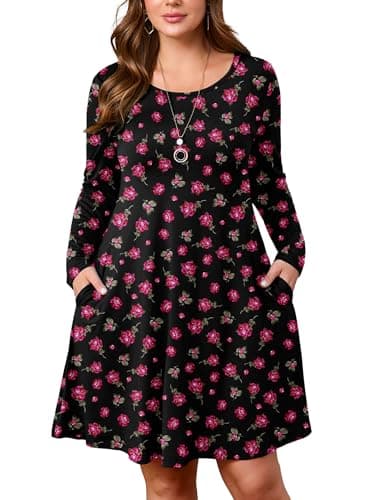 AusLook Plus Long Sleeve Dress for Women 2025 Fall Winter Casual Flowy A-Line Boho Midi Party Vacation Maternity Wedding Guest Work Black Pink Rose 4X Dresses with Pockets - Image 1