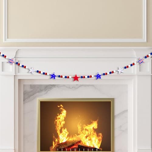 Oeyliz Patriotic Garland Decorations 4th of July Garland Fourth of July Decoration Wooden Beads and Felt Star Memorial Day Banner Red White Blue Decor 5FT Independence Day Decor Home Party Supplies - Image 1