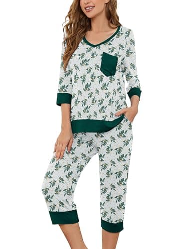 KORSIS Women Two-piece Soft PJS Sleep Sets Printed Foral Pajamas Green Leaves X-Large 3/4 Sleeve Top & Capri Pants Comfy Spring Sleepwear with Pockets - Image 1