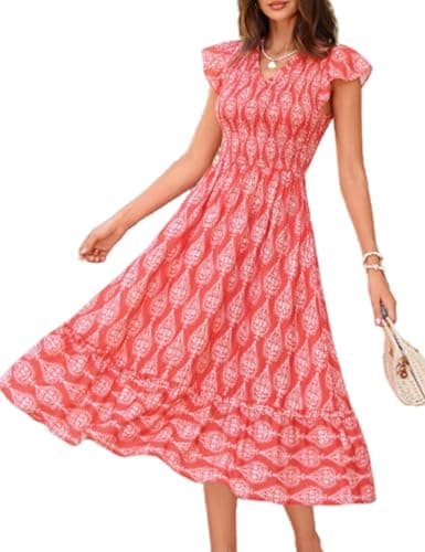 GRACE KARIN Casual Summer Dress for Women 2026 V-Neck Short Sleeve Smocked Midi Dress Red Floral L - Image 1