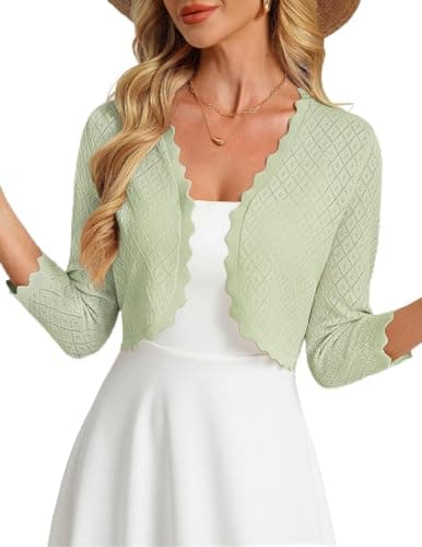 GRACE KARIN Womens Bolero Shrug 3/4 Sleeve Crochet Green Cropped Cardigan Open Front Knit Shrugs for Dresses(Light Green,XL) - Image 1
