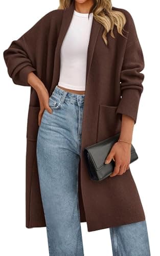 PRETTYGARDEN Long Sleeve Lapel Open Front Cardigan Sweaters for Women Trendy 2026 Oversized Spring Sweater Long Ladies Coats (Dark Brown, Large) - Image 1