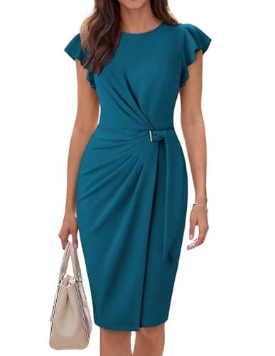 GRACE KARIN Deep Peacock Blue Church Dresses for Women,Ruffle Short Sleeve Work Dress,Ruched Bodycon Business Midi Dress 2XL - Image 1
