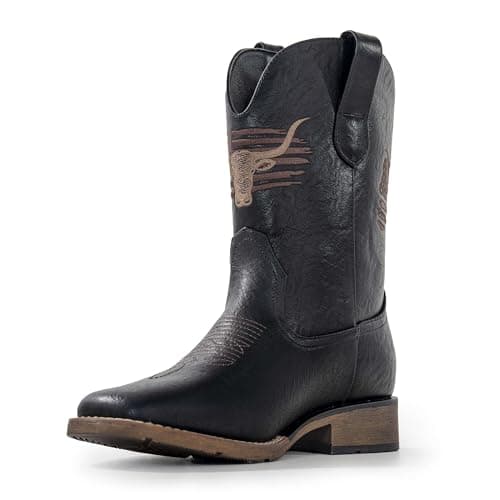 MacePhenoMelon Cowboy Boots For Men Square Toe Black Western Men's Boots Vegan Leather Retro Pull On Country Short Boots BRB-9.5 - Image 1