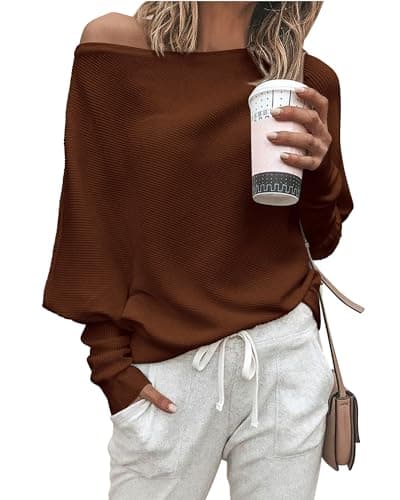 Zenlonr Women's Fall Sweaters 2026 Casual Long Batwing Sleeve Loose Off Shoulder Knit Pullovers Jumper Tops(Coffee,X-Large) - Image 1