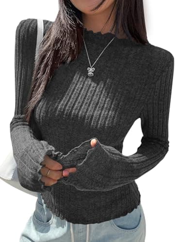 PRETTYGARDEN Mock Neck Slim Fitted Womens Fall Shirts Knit Lightweight Cute Sweaters Long Sleeve Tops for Women Basic T Shirt (Grey, X-Large) - Image 1