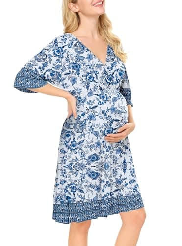 Nursing Dress for Women Breastfeeding Dresses - Maternity Nursing Dress V Neck Flowy Boho Floral Vacation Dress Blue - Image 1