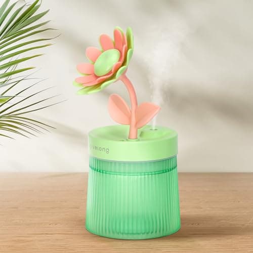 Cute Flower Mini Humidifier, 260ml Sunflower Desktop Humidifiers for Bedroom, Portable Small Cool Mist Humidification for Home, Baby Nursery, Office & Indoor Plants, USB Powered (Green) - Image 1