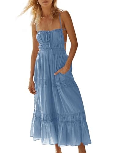 Wenrine Womens Summer Beach Dresses Backless Spaghetti Straps Self Tie Tiered Flowy Casual Maxi Dress with Pockets Blue - Image 1
