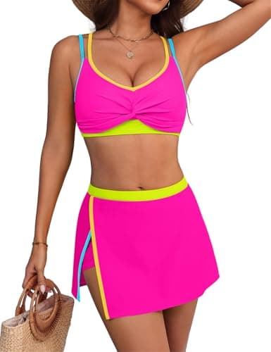 Hanna Nikole Womens High Waisted Bikini Sets Neon 2 Piece Swimsuit 2026 Tummy Control Bathing Suit with Skirt Sporty Swimwear Pink XL - Image 1