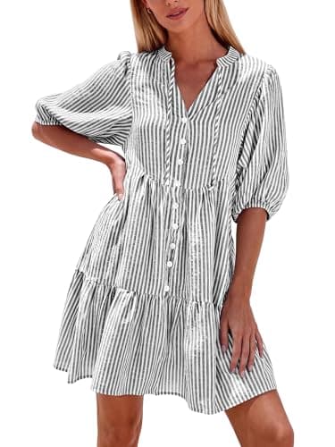 BTFBM Womens Summer Dresses 2026 Striped Mini Dress Half Sleeve Button Down Casual Flowy Beach Vacation Outfits Pockets(Black, X-Large) - Image 1