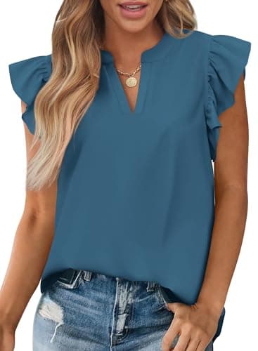 Zenlonr Womens Summer Tops 2026 Casual V Neck Ruffle Cap Sleeve Blouse Shirts Solid Color Tunic Tops(Grey Blue,X-Large) - Image 1