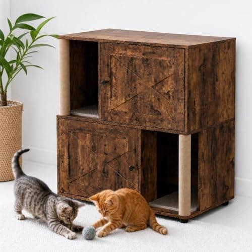 Garvee Double Layer Cat Litter Box Furniture, 2 in 1 Hidden Litter Box Furniture with Scratching Post and Litter Mats, Wooden Corner Cabinet Cat Washroom Bed - Image 1